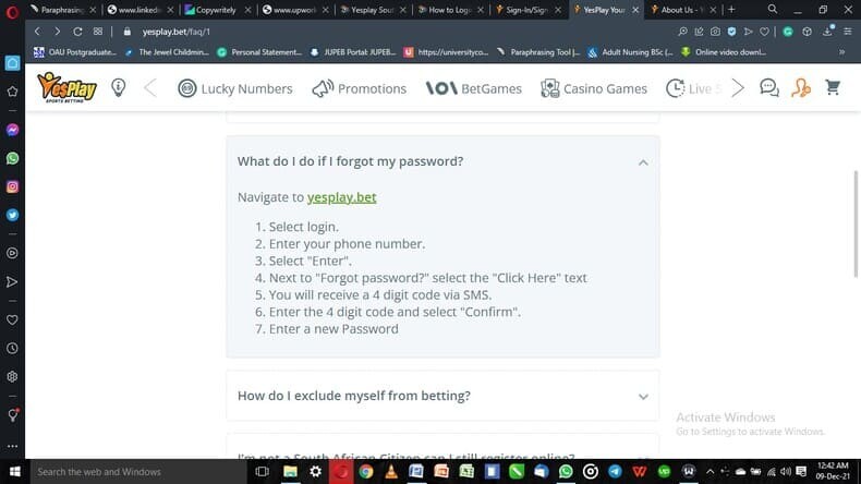Forgotten password YesPlay