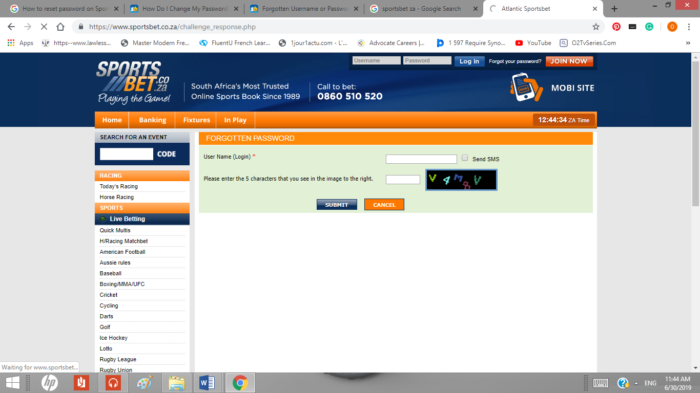 Reset Password or Username on Sportsbet Betting Website